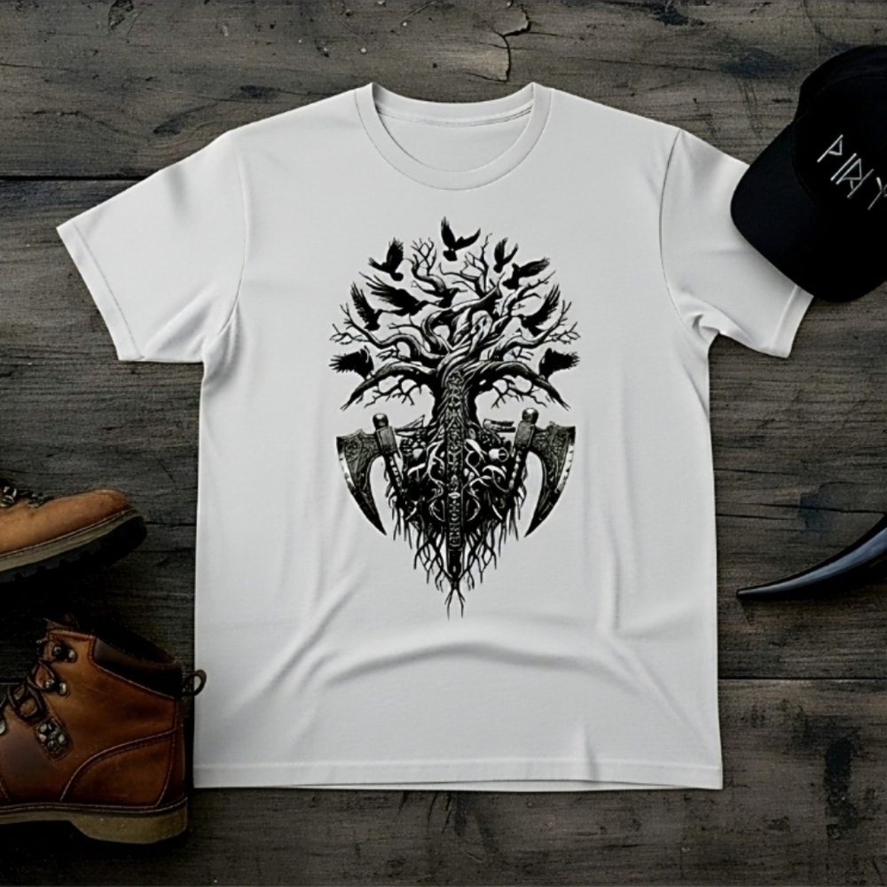 Viking Yggdrasil Tree Shirt • Norse Raven Axe Tee • Nordic Warrior Graphic - Picture 10 of 13